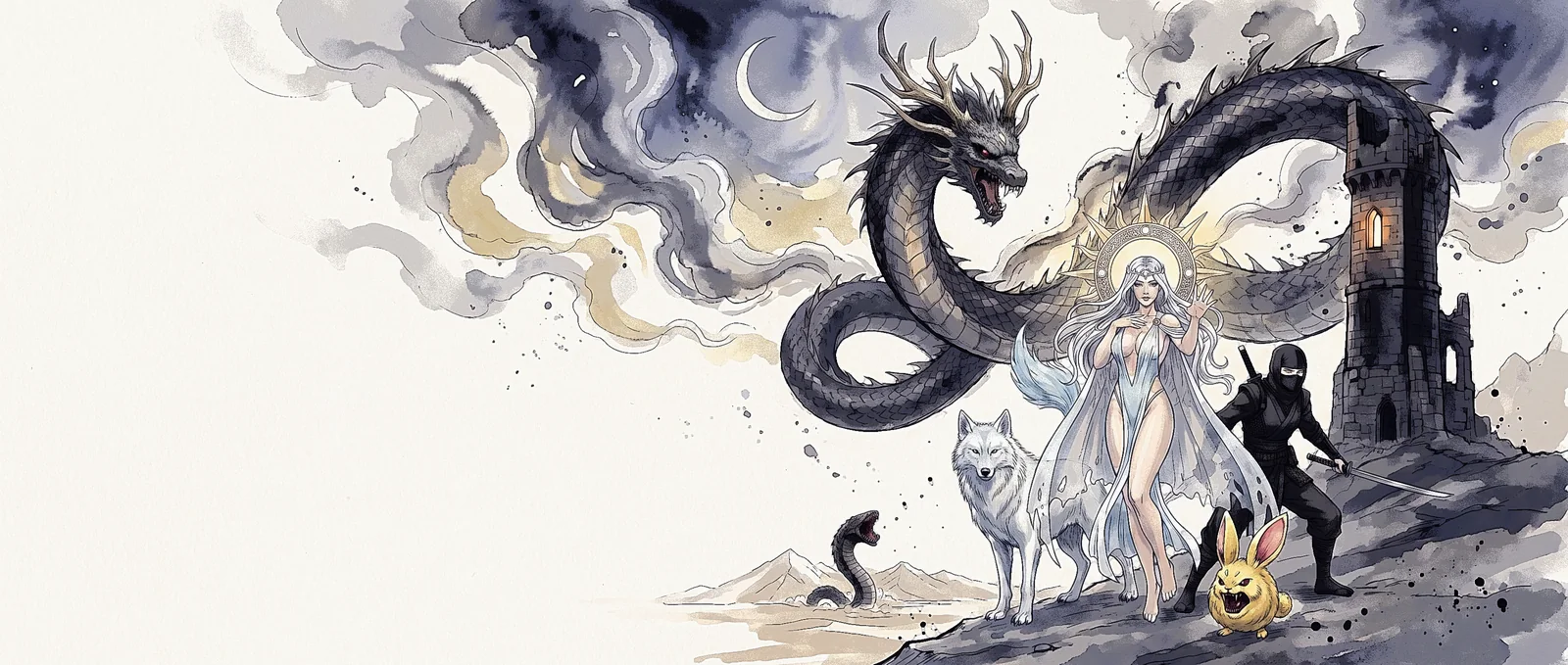 Can I Pet That key art: the party beneath a coiling dragon, the Hermit's Tower behind them.